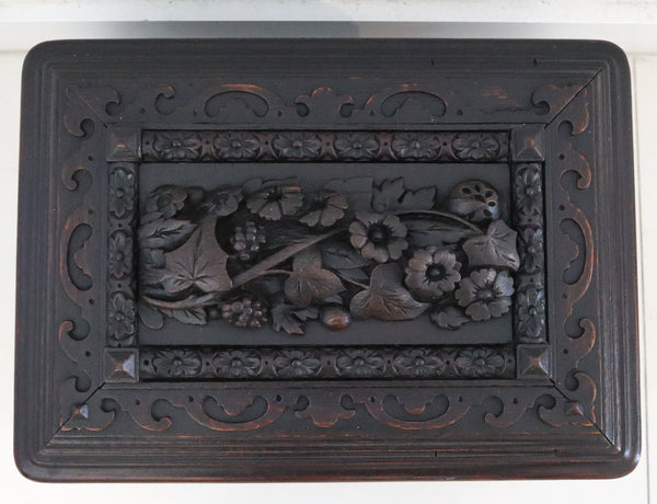 GERMANY 1870 Black Forest Oversized Cigar Humidor Box In Carved Oak Wood