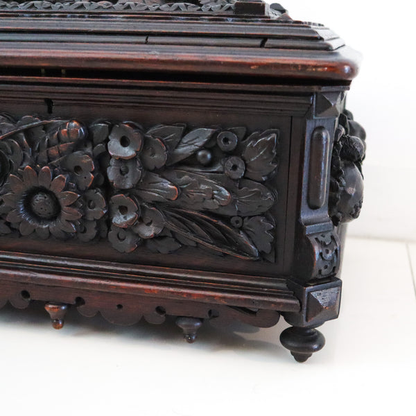 GERMANY 1870 Black Forest Oversized Cigar Humidor Box In Carved Oak Wood