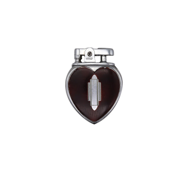 -Ronson 1937 Art Deco Heart Lighter Faux Tortoise Lacquer And Chromed Steel