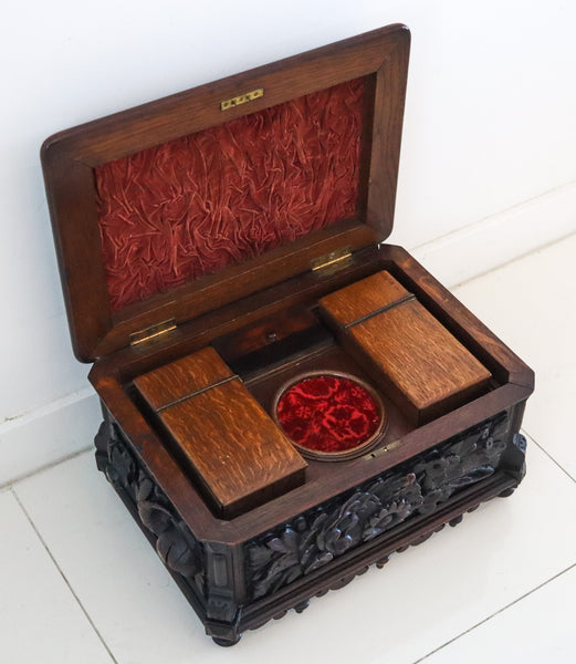 GERMANY 1870 Black Forest Oversized Cigar Humidor Box In Carved Oak Wood