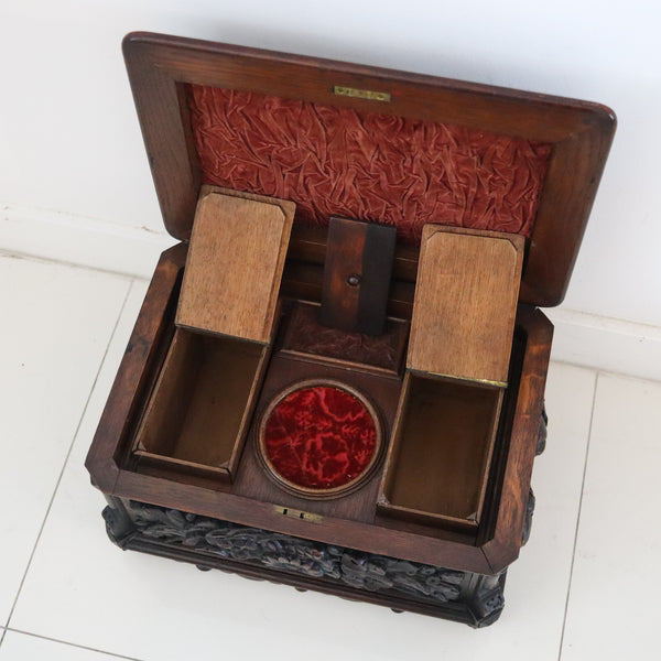 GERMANY 1870 Black Forest Oversized Cigar Humidor Box In Carved Oak Wood