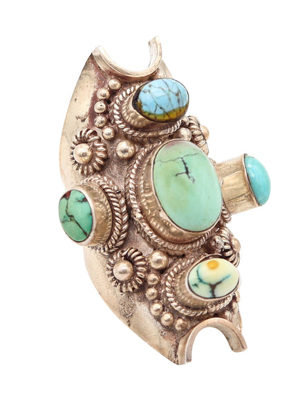 NATIVE AMERICAN 1970 Sculptural Ring In .925 Sterling Silver & Arizona Turquoises