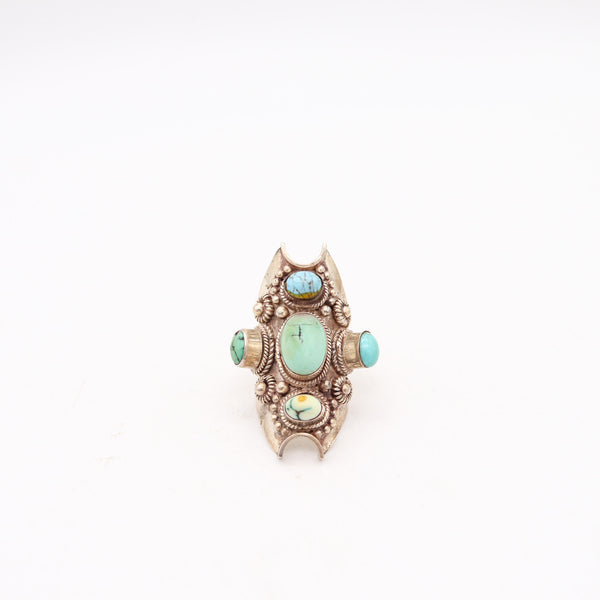 NATIVE AMERICAN 1970 Sculptural Ring In .925 Sterling Silver & Arizona Turquoises