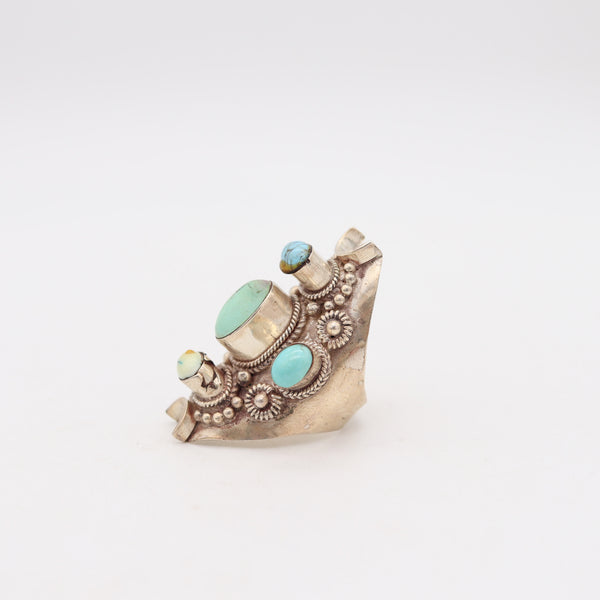 NATIVE AMERICAN 1970 Sculptural Ring In .925 Sterling Silver & Arizona Turquoises