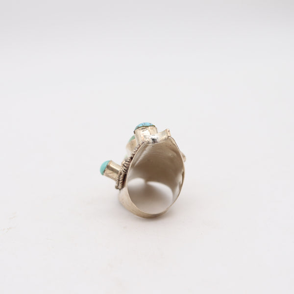 NATIVE AMERICAN 1970 Sculptural Ring In .925 Sterling Silver & Arizona Turquoises