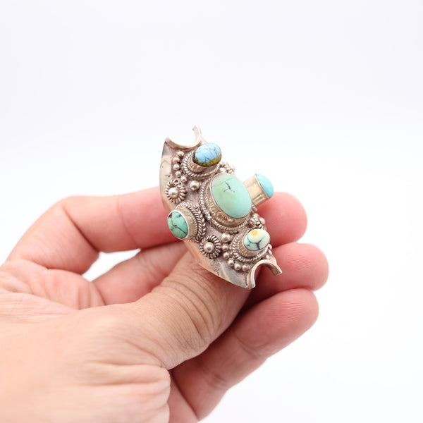 NATIVE AMERICAN 1970 Sculptural Ring In .925 Sterling Silver & Arizona Turquoises