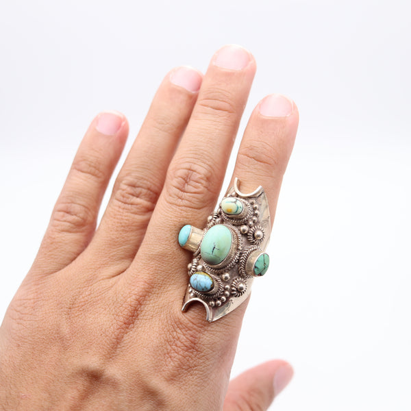 NATIVE AMERICAN 1970 Sculptural Ring In .925 Sterling Silver & Arizona Turquoises
