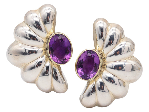 TAXCO 1970 Mexican Modernist Earrings In .925 Sterling 14Kt Gold & Amethysts