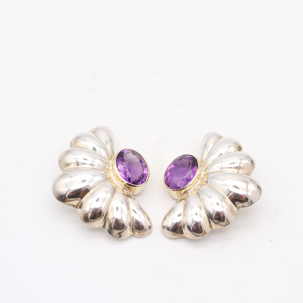 TAXCO 1970 Mexican Modernist Earrings In .925 Sterling 14Kt Gold & Amethysts