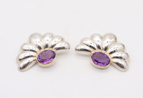 TAXCO 1970 Mexican Modernist Earrings In .925 Sterling 14Kt Gold & Amethysts