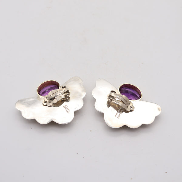 TAXCO 1970 Mexican Modernist Earrings In .925 Sterling 14Kt Gold & Amethysts