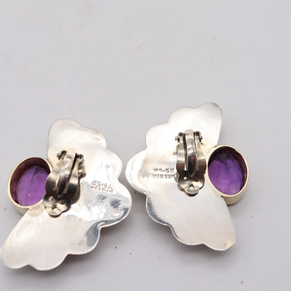 TAXCO 1970 Mexican Modernist Earrings In .925 Sterling 14Kt Gold & Amethysts