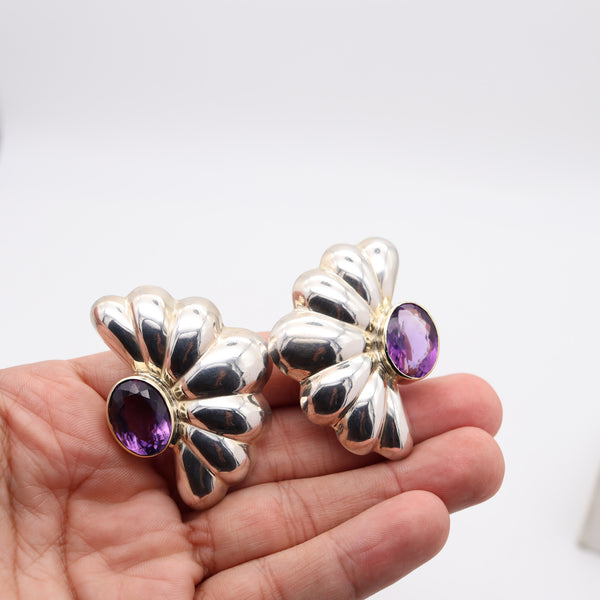 TAXCO 1970 Mexican Modernist Earrings In .925 Sterling 14Kt Gold & Amethysts