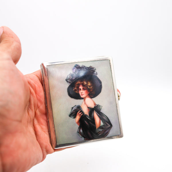 Austria 1918 Art Deco Cigarette Case In 900 Silver With Enameled Dressed Woman
