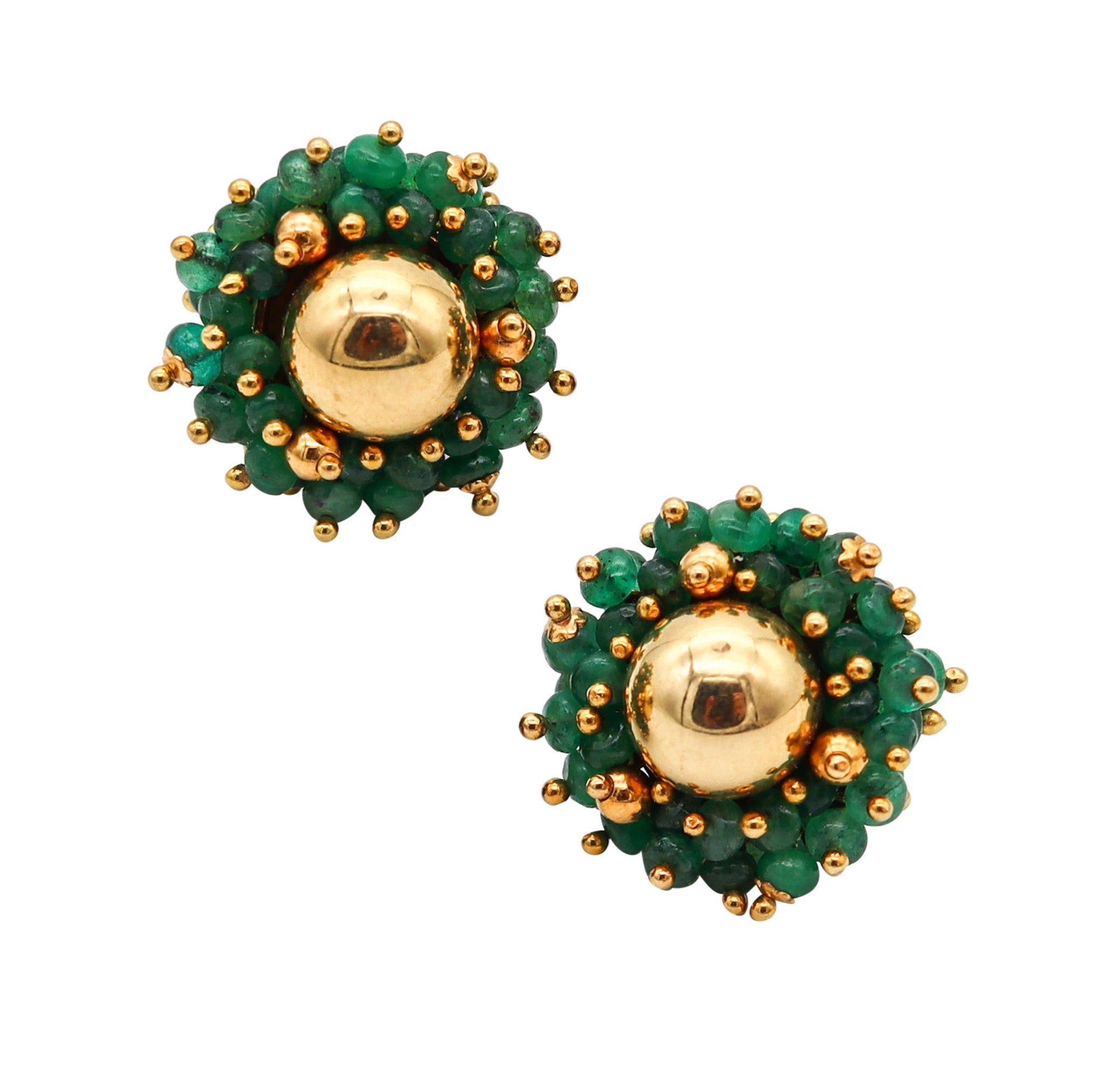 EMERALDS CLUSTERS Clips-On Earrings In 18Kt Yellow Gold With Emeralds Beads