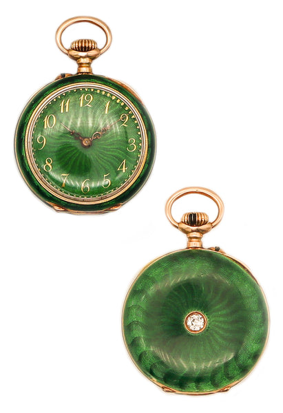 -Edwardian 1905 Swiss Guilloche Green Enamel Pocket Watch In 14Kt Gold With Diamond