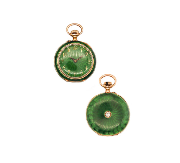 -Edwardian 1905 Swiss Guilloche Green Enamel Pocket Watch In 14Kt Gold With Diamond
