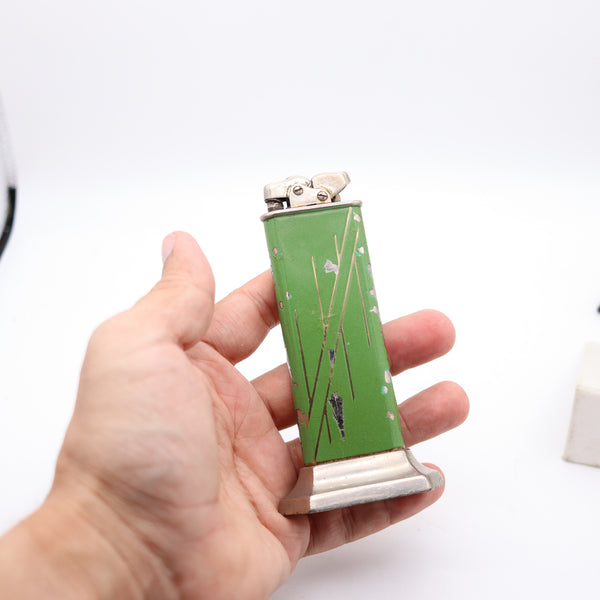THORENS Art Deco 1932 Oriflan Green Lacquered Desk Petrol Lighter In Chromed Steel