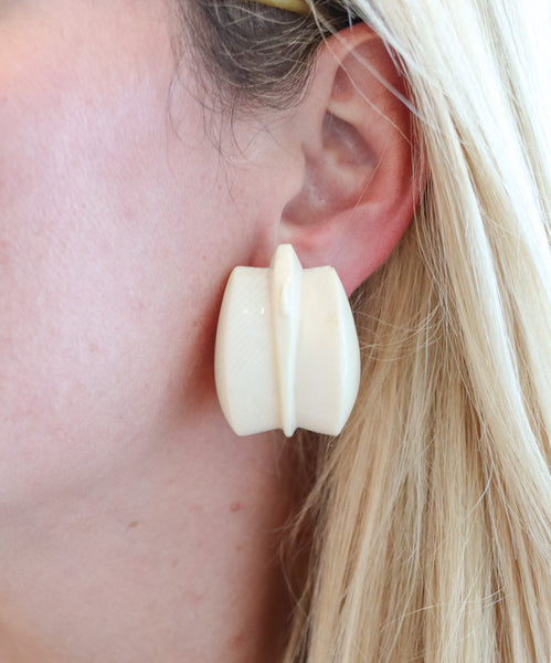 -Patricia Von Musulin 1970 Modernist Carved Clips Earrings Mounted In .925 Sterling Silver