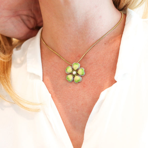 -Edwardian 1905 Art Nouveau Enamel Flower Pendant Brooch In 14Kt Gold With Diamonds