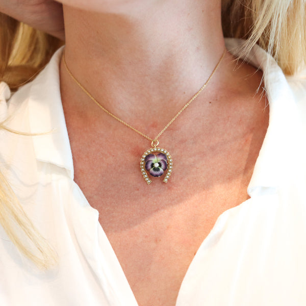-Art Nouveau 1905 Edwardian Enameled Purple Flower Brooch in 14Kt Gold With Pearls