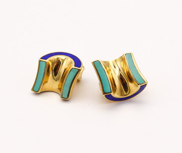 ANGELA CUMMINGS 1989 Modernist Clips On Earrings In 18Kt Gold With Gems Inlaid