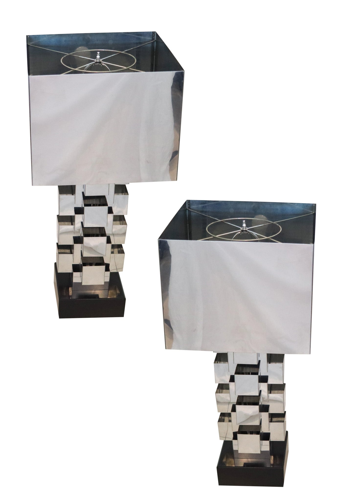 CURTIS JERE 1970 Monumental Skyscraper Table Lamps In Polished Chromed Steel