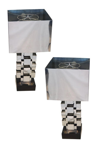 CURTIS JERE 1970 Monumental Skyscraper Table Lamps In Polished Chromed Steel