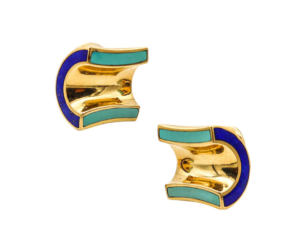 ANGELA CUMMINGS 1989 Modernist Clips On Earrings In 18Kt Gold With Gems Inlaid