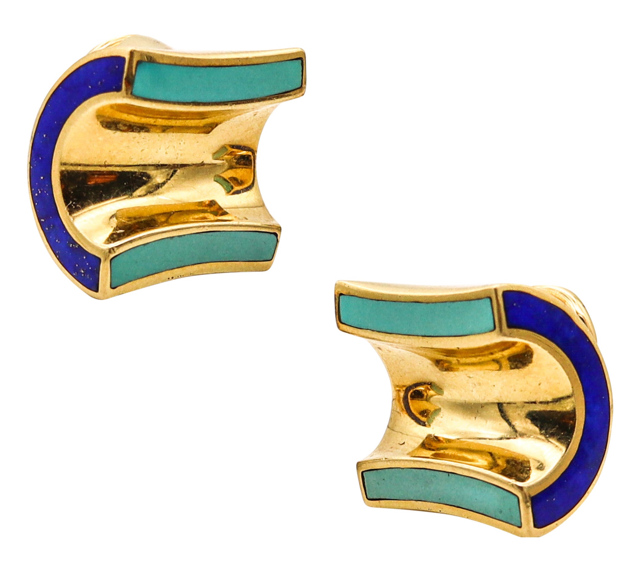 ANGELA CUMMINGS 1989 Modernist Clips On Earrings In 18Kt Gold With Gems Inlaid