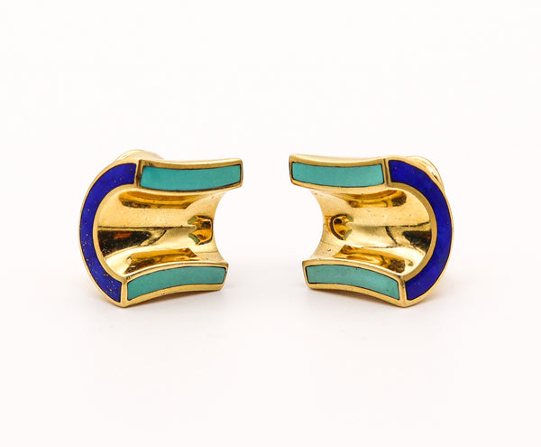 ANGELA CUMMINGS 1989 Modernist Clips On Earrings In 18Kt Gold With Gems Inlaid