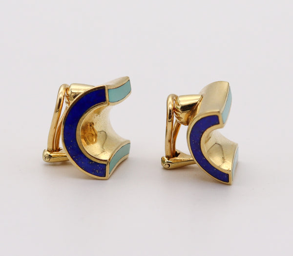 ANGELA CUMMINGS 1989 Modernist Clips On Earrings In 18Kt Gold With Gems Inlaid