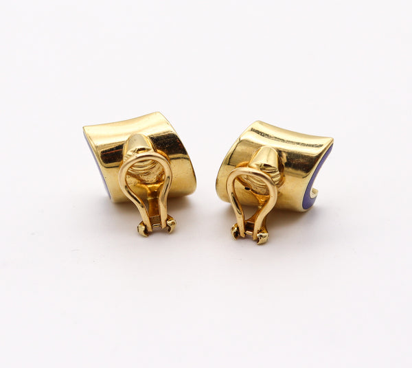 ANGELA CUMMINGS 1989 Modernist Clips On Earrings In 18Kt Gold With Gems Inlaid