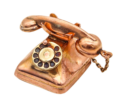 -Art Deco 1930 Telephone Pendant And Charm In Solid 14Kt Yellow Gold
