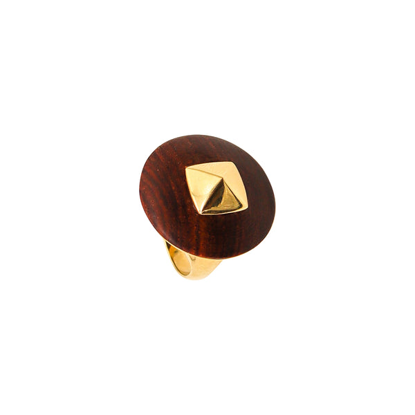 -Geometric 1970 Cocktail Ring In 18Kt Yellow Gold With Carved Macassar Wood