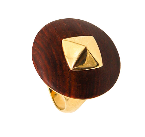 -Geometric 1970 Cocktail Ring In 18Kt Yellow Gold With Carved Macassar Wood