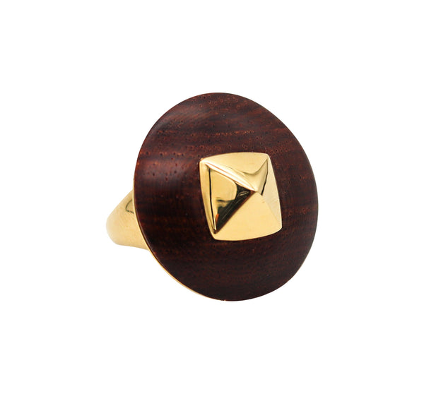 -Geometric 1970 Cocktail Ring In 18Kt Yellow Gold With Carved Macassar Wood