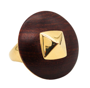 -Geometric 1970 Cocktail Ring In 18Kt Yellow Gold With Carved Macassar Wood