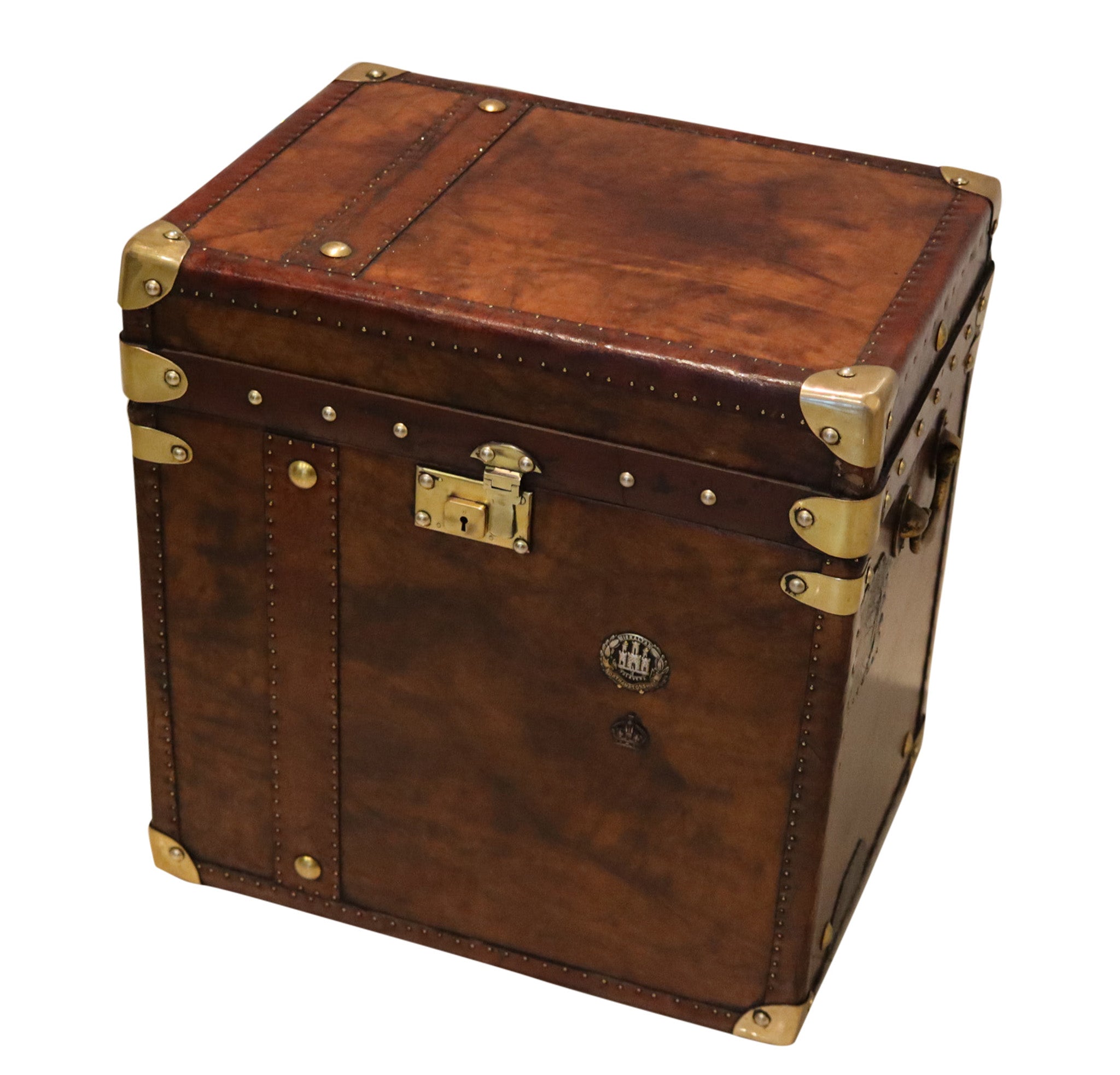 -England 1900 Victorian Army Officer Travel Chest In Leather And Bronze