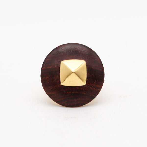 -Geometric 1970 Cocktail Ring In 18Kt Yellow Gold With Carved Macassar Wood