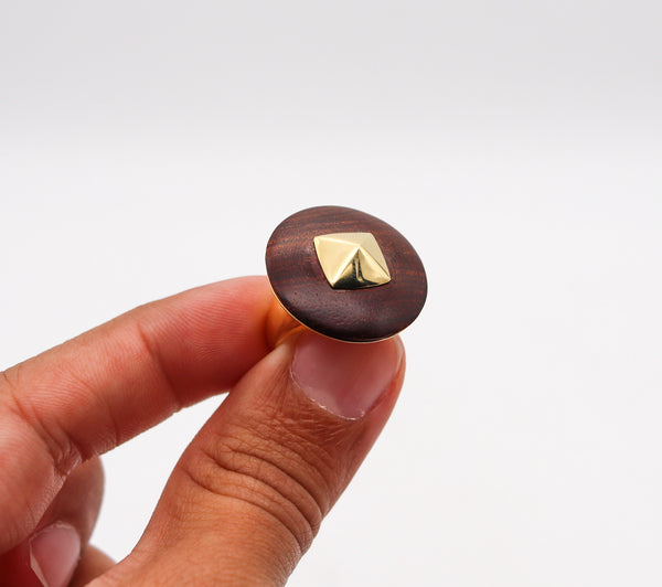 -Geometric 1970 Cocktail Ring In 18Kt Yellow Gold With Carved Macassar Wood