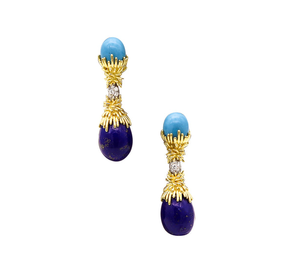 GEORLAND Paris 1970 Dangle Earrings In 18K Gold With Enamel, Diamonds & Lapis