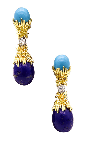 GEORLAND Paris 1970 Dangle Earrings In 18K Gold With Enamel, Diamonds & Lapis