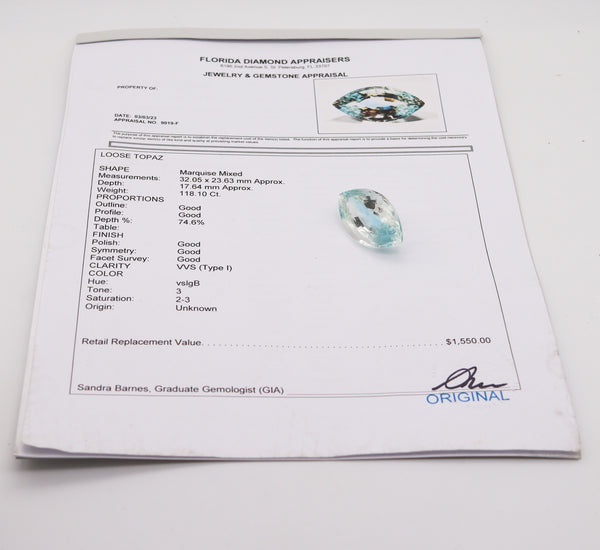 -Certified Marquise Faceted Cut Loose Blue Topaz Of 118.10 Carats