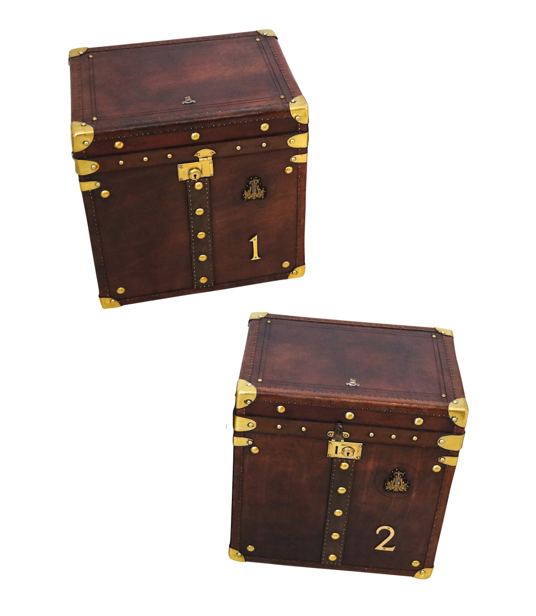 ENGLAND 1900 Victorian Pair Of Army Officer Travel Chests In Leather And Bronze