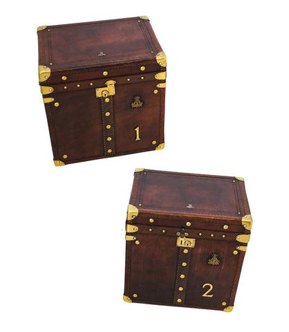 ENGLAND 1900 Victorian Pair Of Army Officer Travel Chests In Leather And Bronze