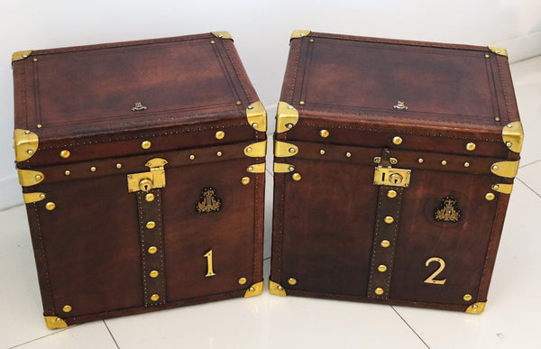 ENGLAND 1900 Victorian Pair Of Army Officer Travel Chests In Leather And Bronze