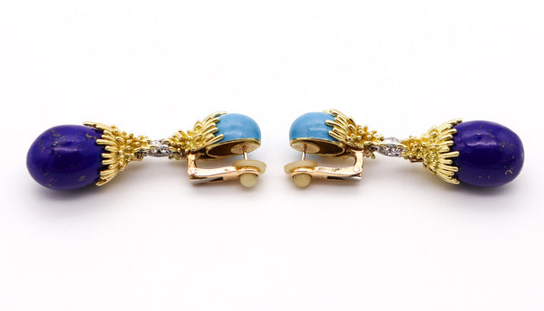 GEORLAND Paris 1970 Dangle Earrings In 18K Gold With Enamel, Diamonds & Lapis