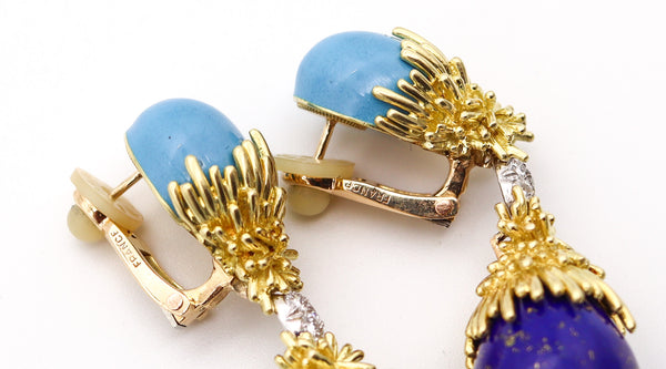 GEORLAND Paris 1970 Dangle Earrings In 18K Gold With Enamel, Diamonds & Lapis