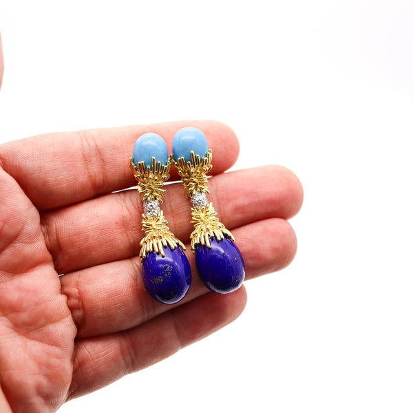 GEORLAND Paris 1970 Dangle Earrings In 18K Gold With Enamel, Diamonds & Lapis